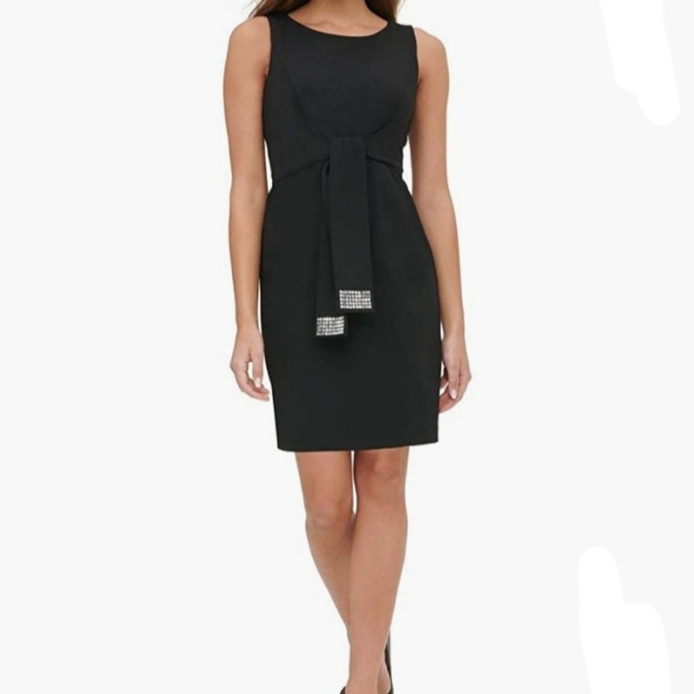 Slvls Scoopneck Bejeweled Silhouette midi Scuba Crepe SheathDress Black Tommy